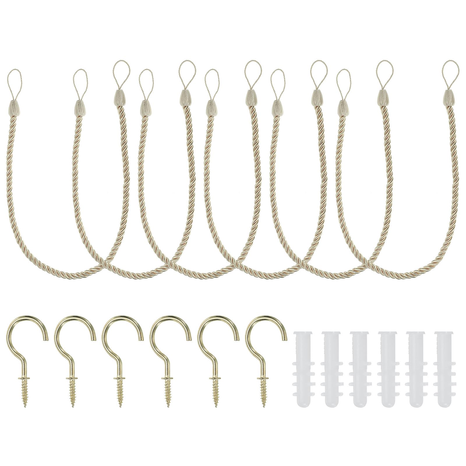 PATIKIL Curtain Tiebacks Ropes, 6 Pack Decorative Tie Backs Braided Curtain Holdback Cord for Home Office Decor, with Screw Hooks & Bolts, Light Yellow