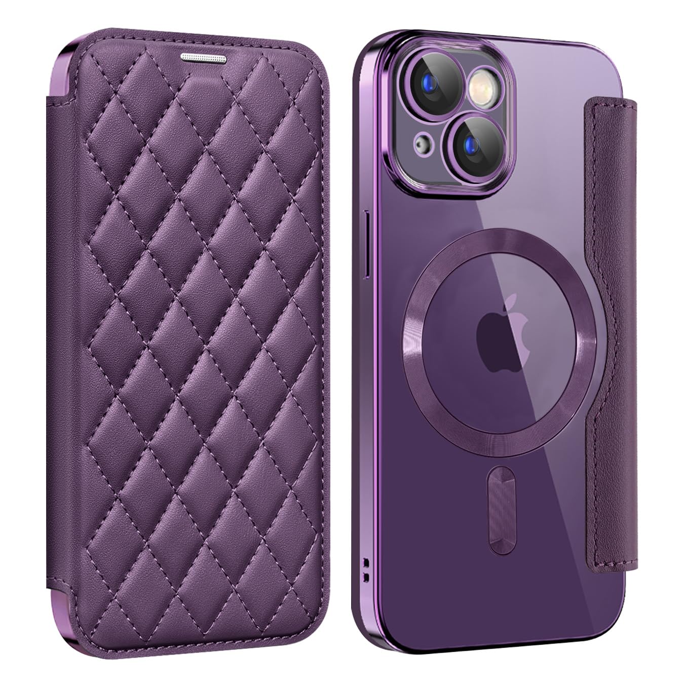 Unichthy Case for iPhone 15 Cover Support MagSafe |RFID Blocking| Wallet Purse Shockproof Leather Stand Cover Individual Protection for Each Lens Phone Skin for iPhone 15 Purple