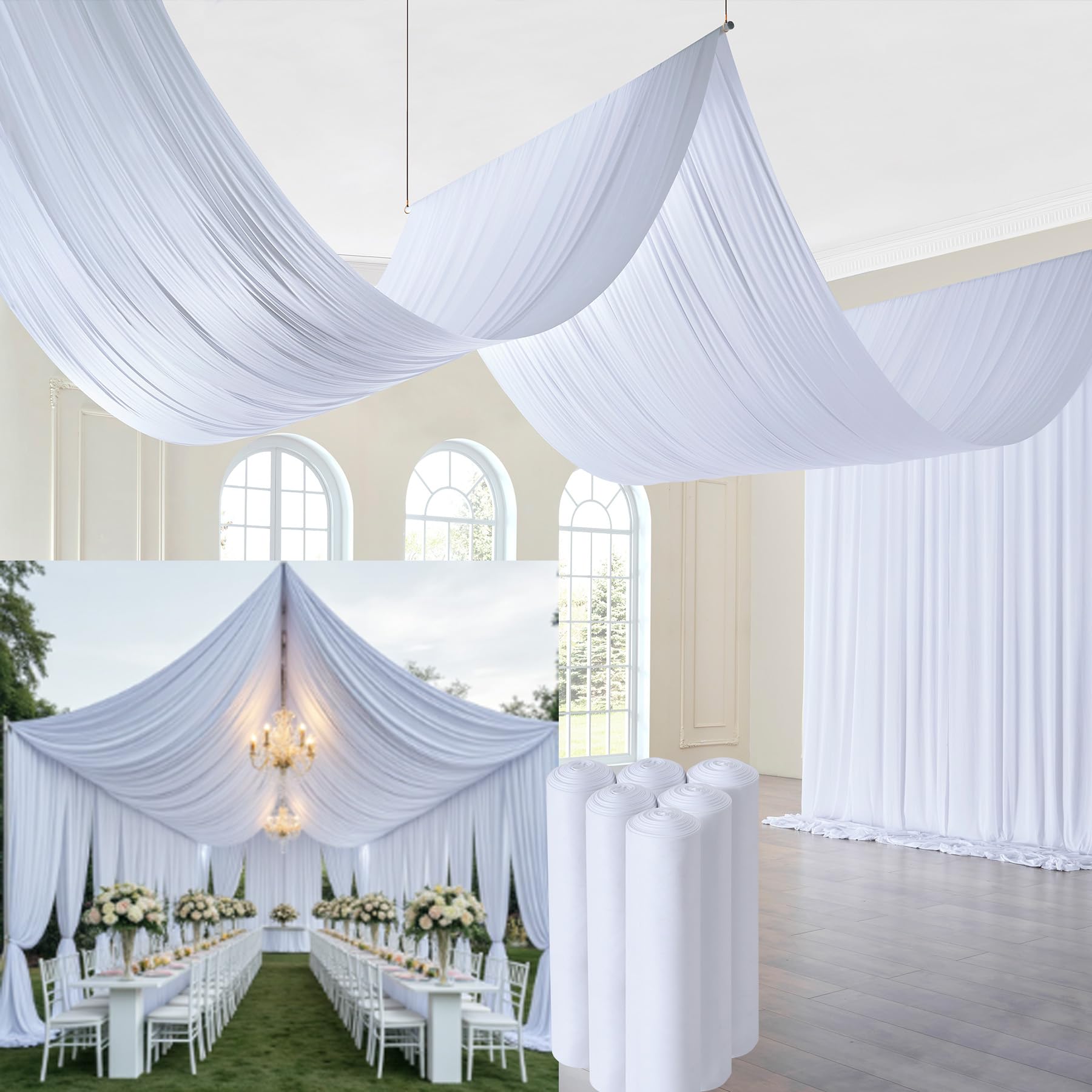 Photo 1 of Htper 6 Panels 5x20ft White Ceiling Drapes for Wedding Parties, Wrinkle Free Thick Polyester Canopy Tent Draping Fabric Curtains Arch Drapery for Birthday Graduation Event Venue Decoration
