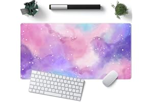 YKJWW Desk Pad Purple Starry Sky Cute Gaming Mouse Pad Galaxy Gamer Girl Cute Pink Desk Decor Keyboard Desk Mat, Stitched Edges Desktop with Stitched Edges Non-Slip Large Computer Mat 31.5x15.7 in