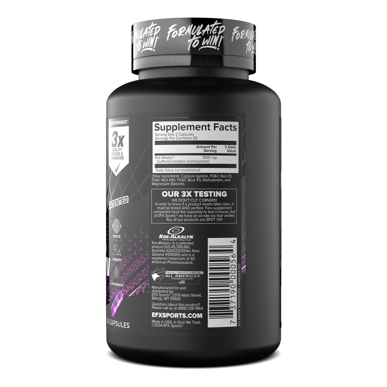 EFX Sports Kre-Alkalyn EFX | pH Correct Creatine Monohydrate Pill Supplement | Strength, Muscle Growth & Performance | 60 Servings, 120 Capsules