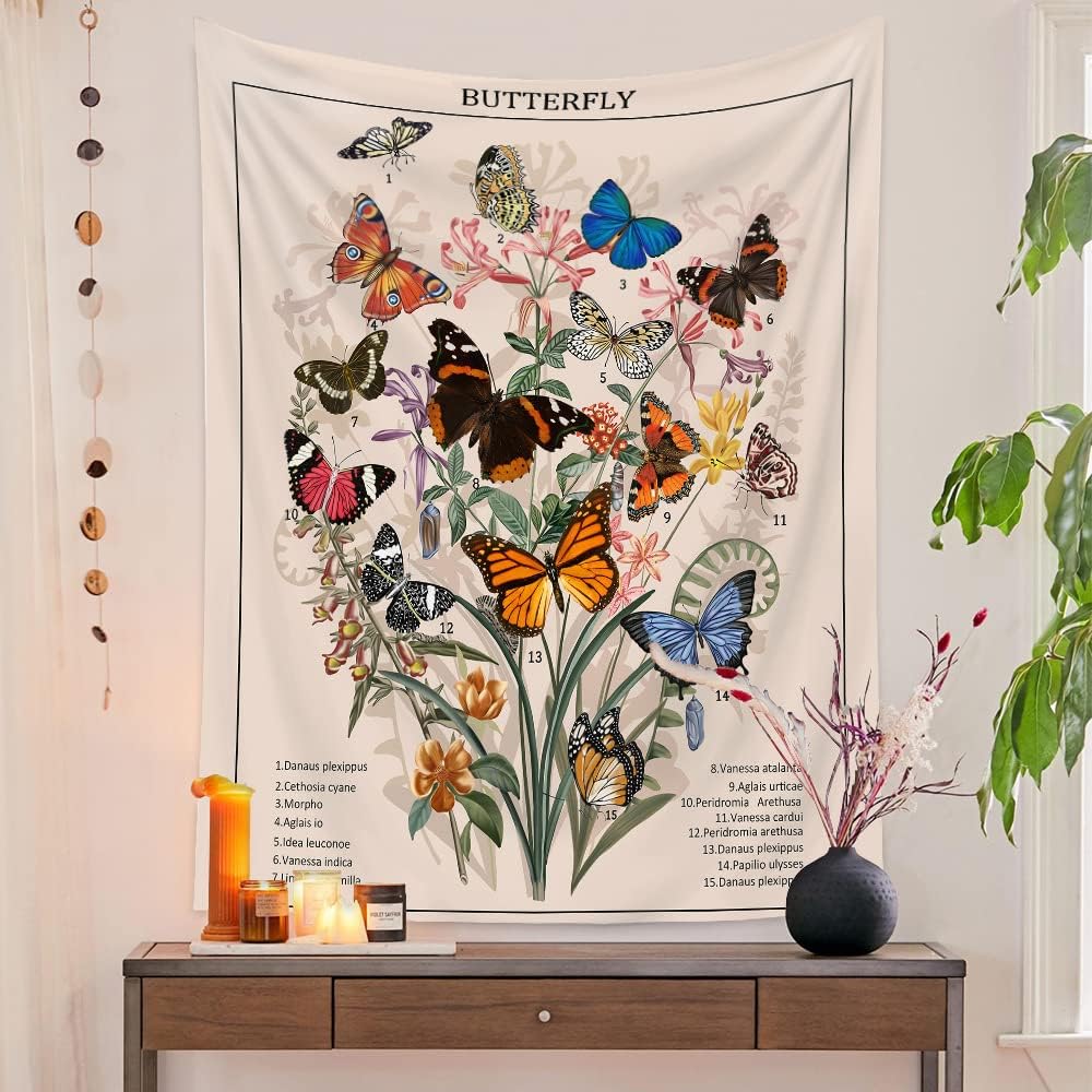 Tapestries - Butterfly / Flower Tapestries Vintage Vertical Floral Plant Tapestry Wall Hanging Colorful Identification Retro Art Aesthetic Tapestry for Bedroom Dorm Living Room (Navy Blue, M:(27