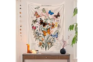LANG XUAN Butterfly Tapestry Flower Tapestries Vintage Vertical Floral Plant Tapestry Wall Hanging Colorful Identification Retro Art Aesthetic Wall Tapestry for Bedroom Dorm Living Room (Navy Blue M(27 x 39 ))
