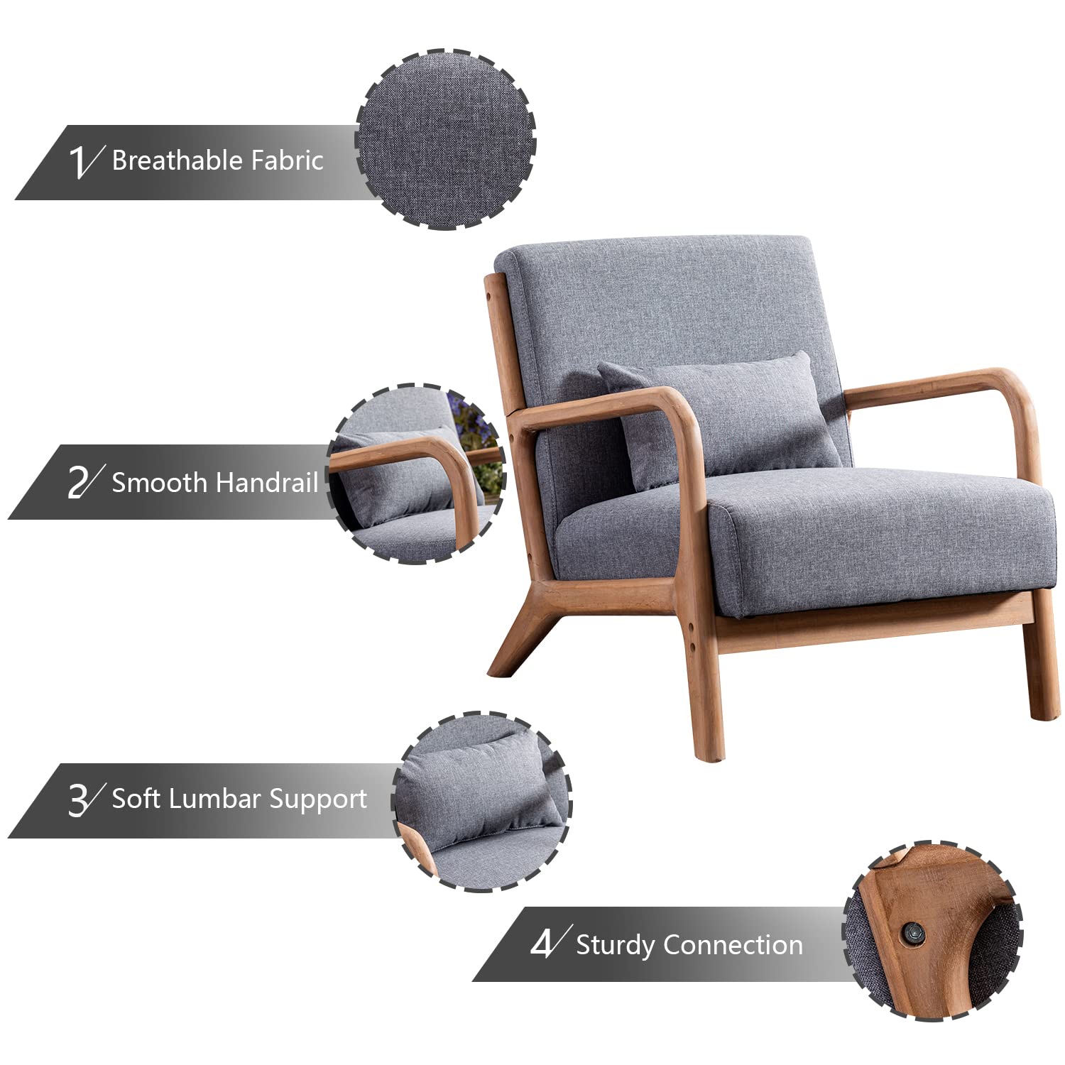 INZOY Mid Century Modern Accent Chair with Wood Frame, Upholstered Living Room Chairs with Waist Cushion, Reading Armchair for Bedroom Sunroom (Dark Grey)