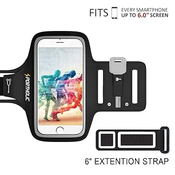 iPhone X/6/6s/7/8 Plus Armband PORTHOLIC Sweat Resistant Sports Armband For Galaxy S8,S8 Plus,S7 edge,S6 edge, or Any Screen Up to 6.0 inches With Extension Band, Key&Card Holder, Cable Locker (black)