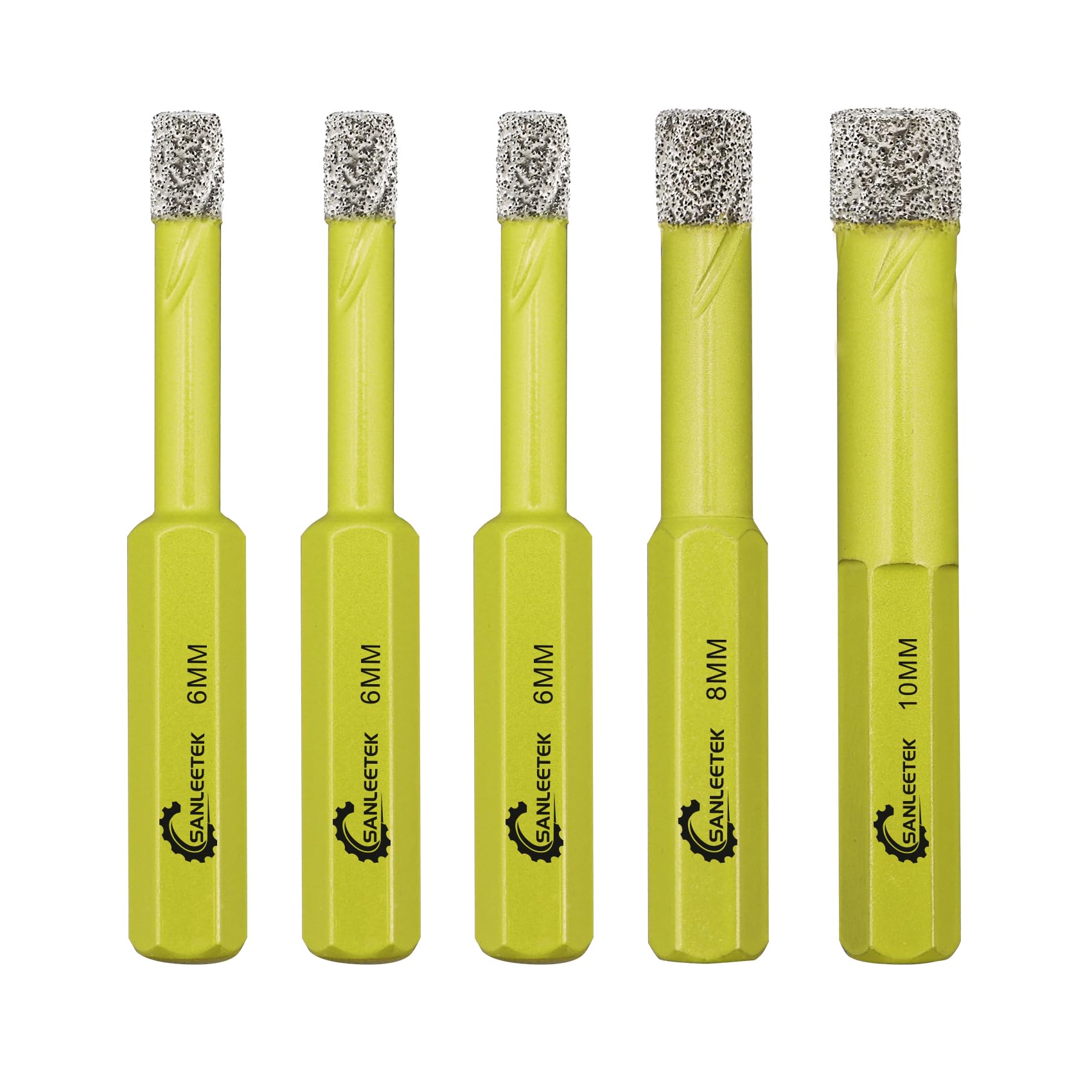 Dry Diamond Drill Bits Set - 5pcs 6/6/6/8/10mm Hole Saw Kit with Hexagonal Shank for Ceramic Porcelain Tile Granite Marble Quartz Artificial Stone SANLEETEK