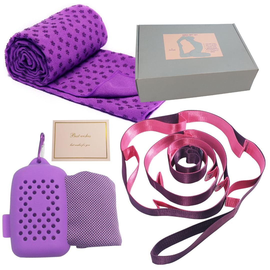 Geotopia Complete Yoga Gift Set - Cooling Towel, Yoga Mat Towel, Stretching Strap, and Complimentary Best Wishes Card