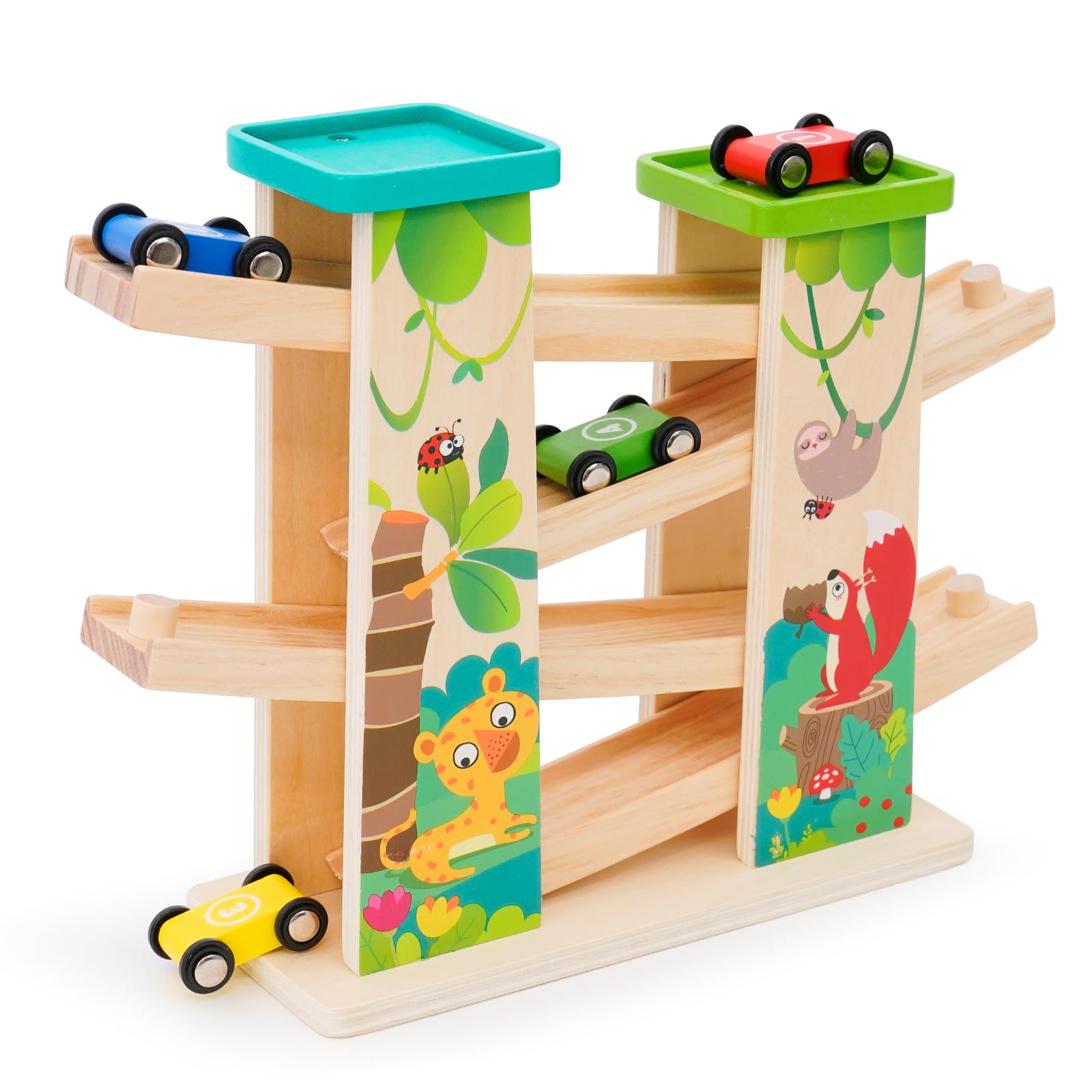 Wooden Car Ramp Toys Click Clark Race Cars Wooden Race Track Car Ramp Racer Zig Zag Track with 2 Parking Lot Garage 4 mini Cars Slide Montessori Toys Gifts for Toddlers Boys Girls 1 2 3 +