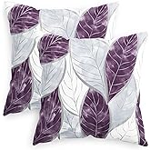 CaliTime Throw Pillow Covers Decorative 18 X 18 Inches Pack of 2 Cozy Fleece Watercolor Vibrant Leaves Cushion Cases for Couch Bed Sofa Farmhouse Decoration Deep Grey Purple