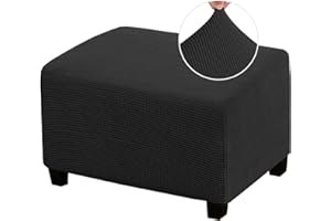 PrinceDeco Stretch Ottoman Cover Slipcovers Rectangle for Living Room Foot Stool Stretch Covers to Fit Ottoman Foot Rest, Thick Checked Jacquard Fabric with Elastic Bottom (Oversized Ottoman, Black)