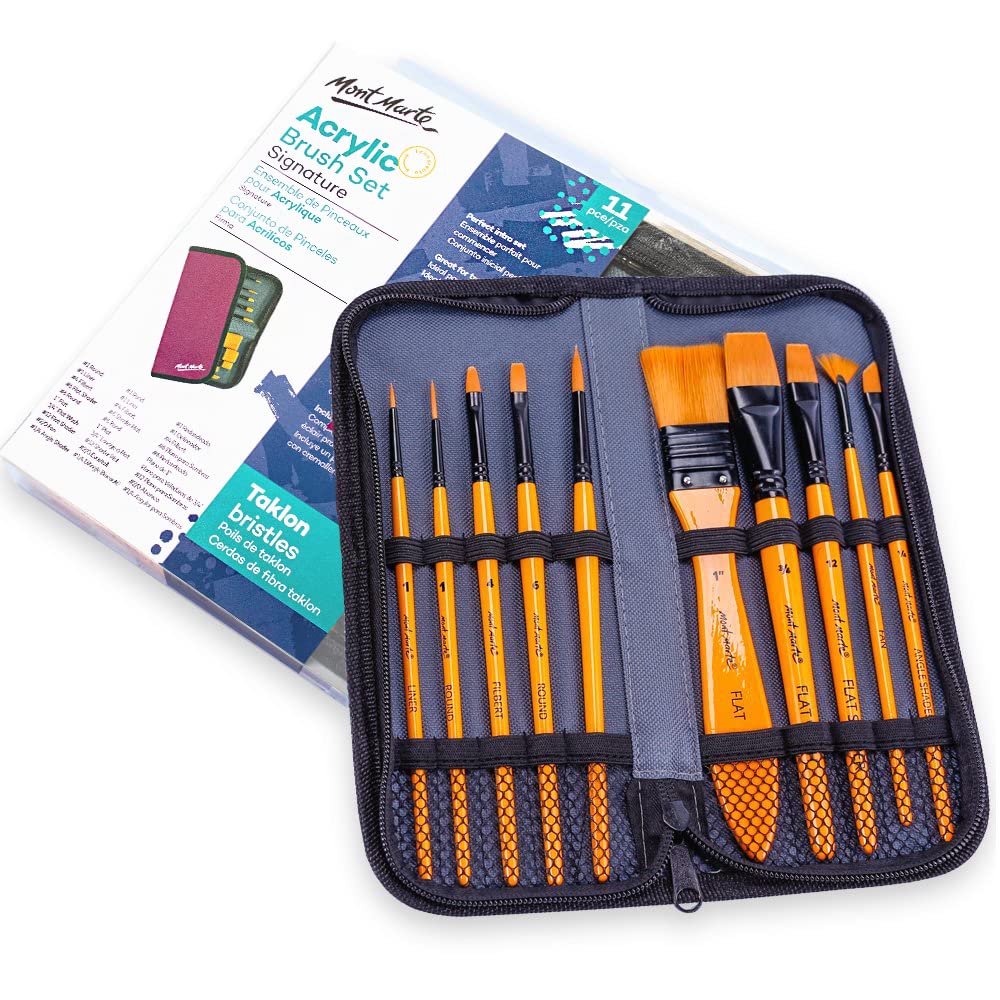 Mont Marte Acrylic Paint Brush Set – 10 Taklon Brushes in Wallet – Ideal Brush Set for Acrylic Painting – Perfect for Beginners, Professionals