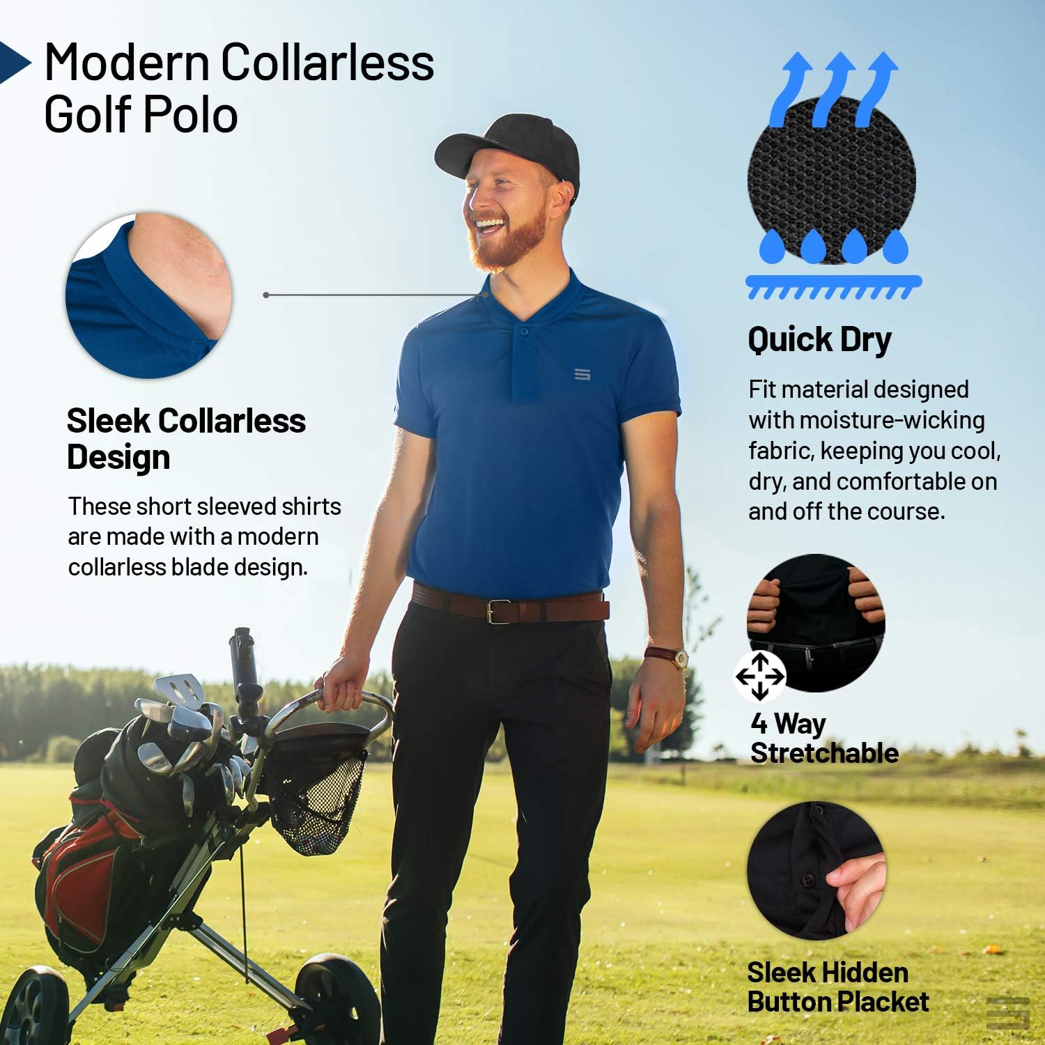 Three Sixty Six Quick Dry Collarless Golf Shirts for Men - Short Sleeve Casual Polo, Stretch Fabric: Clothing