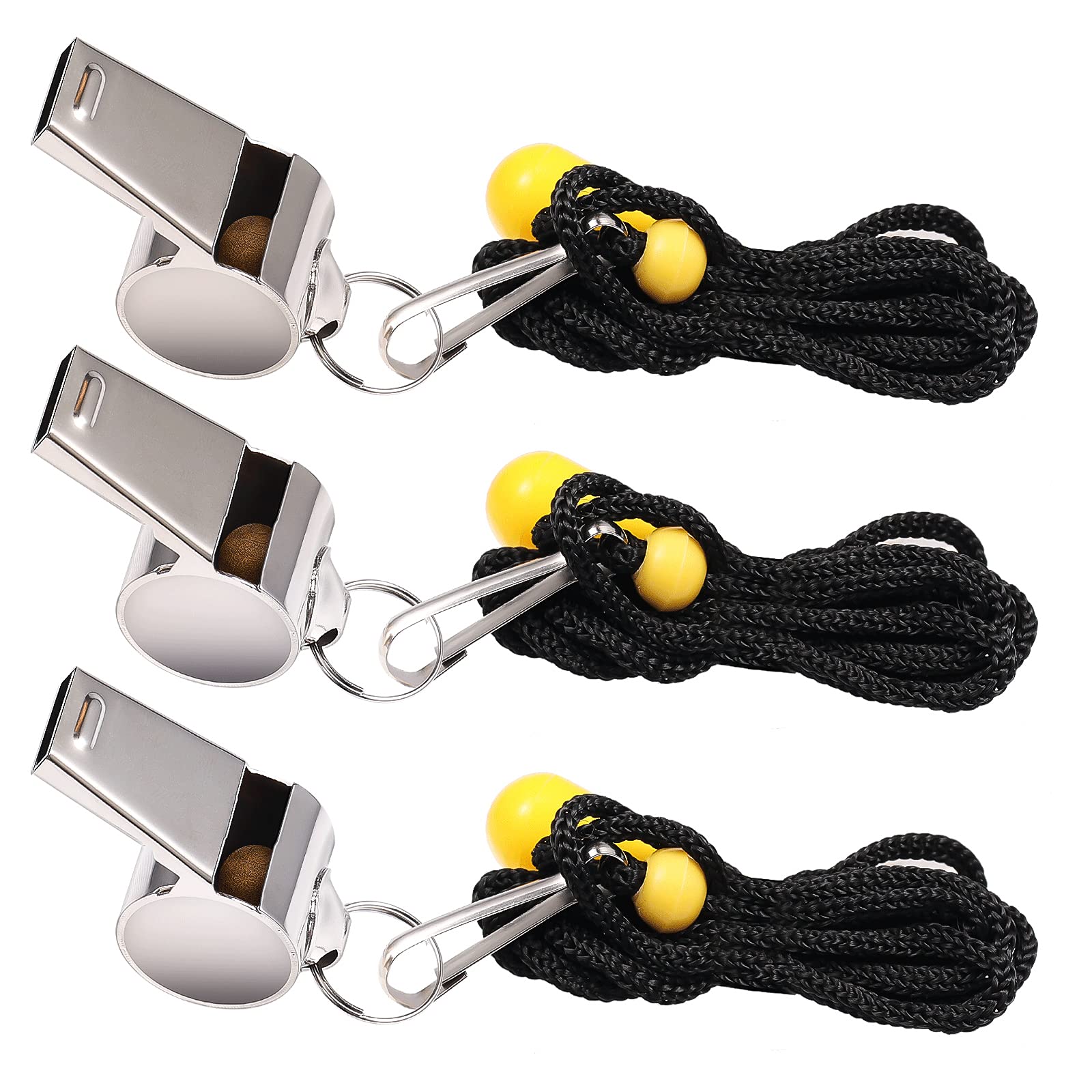KINBOM 3Pcs Sports Whistles Loud Sound Stainless Steel Whistle with Lanyard in Training Survival Emergency Sports for Referee Coach Teacher (Large)