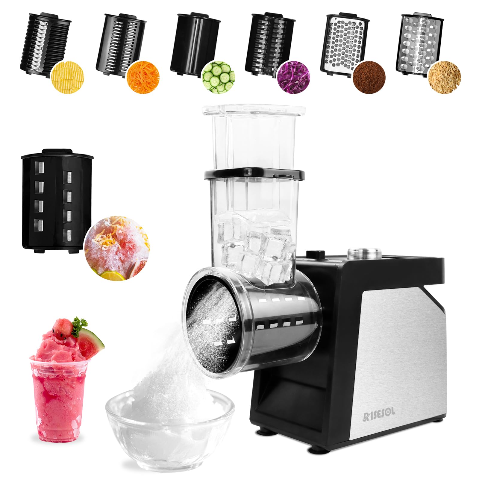 Photo 1 of RISESOL 7 in 1 Electric Cheese Grater Ice Shaver with 7 Blades Stainless Steel Multifunctional Vegetable Shredder 250W BPA-Free 110V