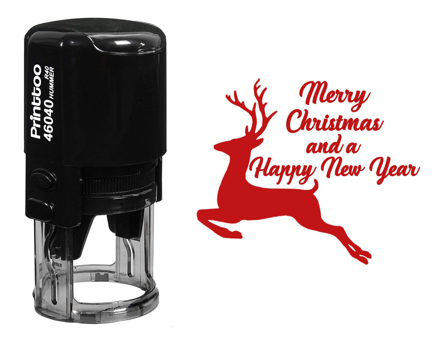 Printtoo Round Self Inking Merry Christmas and Happy New Year Rubber Stamp Reindeer Holiday Stamper-Red
