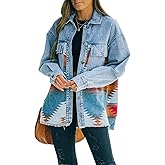 happlan Aztec Denim Jacket For Women Lapel Button Down Print Shirt Coat Shacket