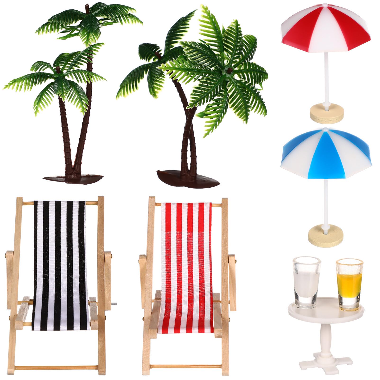 Miniature Beach Landscape Ornament Palm Trees Parasols Deckchairs Beverages Table Dolls House Furniture Beach Accessories