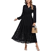 Kormei Womens Boho Fall Maxi Dress Long Sleeve V Neck Empire Waist Flowy A Line Tiered Wedding Guest Dresses with Pockets
