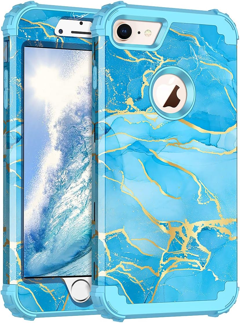 Casetego for iPhone 8 Case/iPhone 7 Case,Heavy Duty Shockproof 3 Layer Hard PC+Soft Silicone Bumper Rugged Anti-Slip Protective Cases for Apple iPhone 8 and iPhone 7,Blue Marble