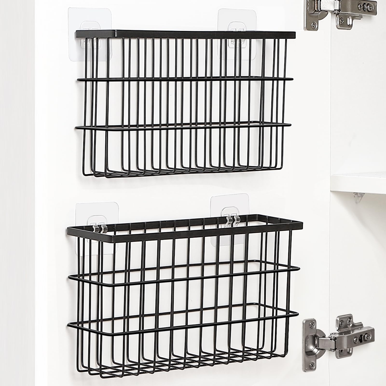 Photo 1 of 2 Pack Cabinet Door Organizer,Self Adhesive Lid Organizers Inside Cabinet Storage Boxes,Hanging Storage Basket Organizer Wall Mounted Pantry Caddy Cup Holder for Kitchen,Fridge,Bathroom (Black)