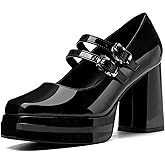 Coutgo Women's Platform Mary Jane Pumps Two Strap Square Toe Chunky Block Heel Sandals Party Shoes