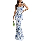 KUTUMAI Women's Summer Floral Bodycon Maxi Dress Spaghetti Strap Sleeveless Boho Long Dresses