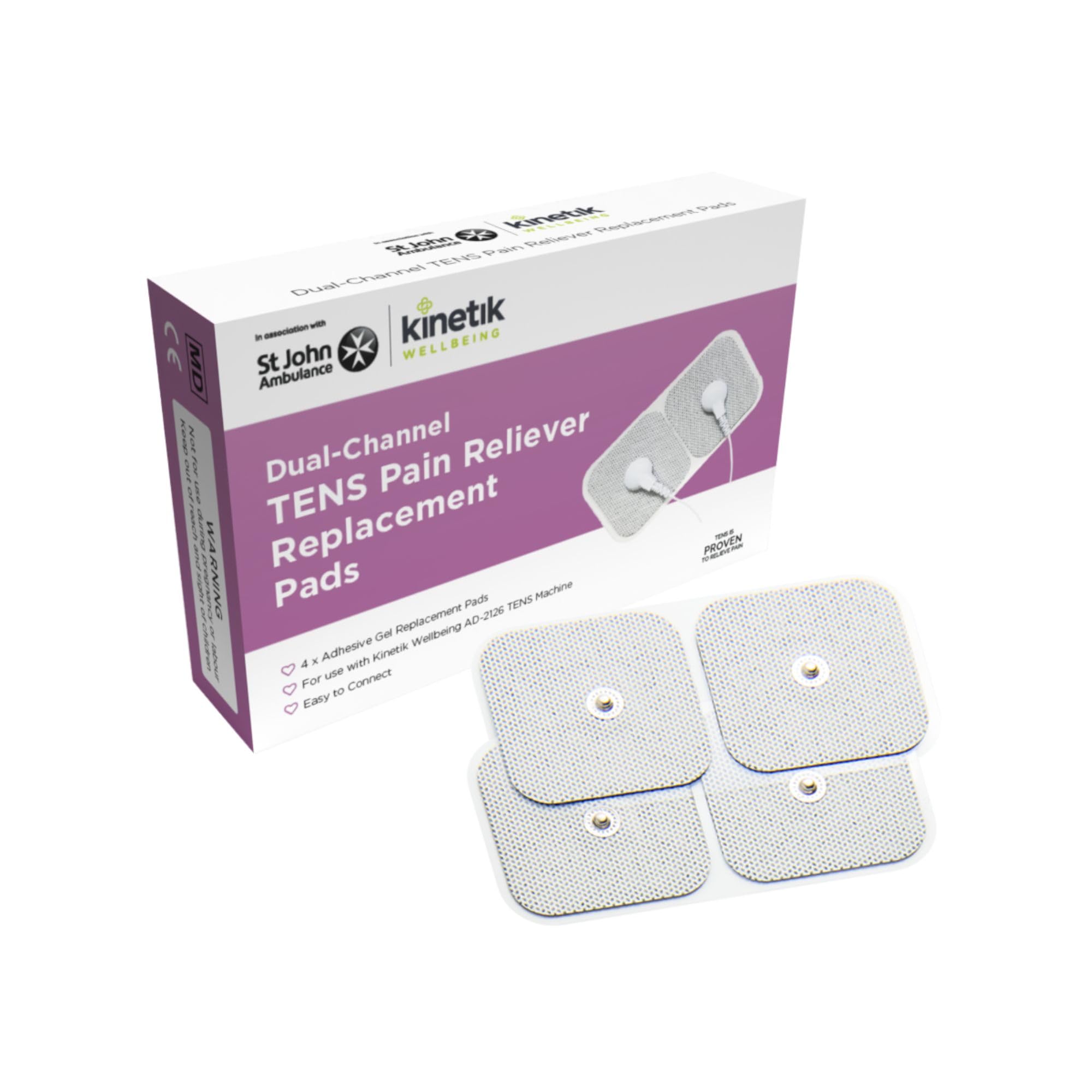 Kinetik Wellbeing TENS Replacement Pads (AD-2126) Pack of 4 - Electrode Pads for Muscle Pain Relief, TENS Machine Unit ECG Electrodes for Back Pain Relief – in Association with St John Ambulance