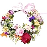 KorViSHOW Fairy Flower Crown Headband, Artificial Colorful Rose Peony Floral Headpiece, Forest Woodland Boho Bridal Flower Headband for Women Girl Maternity Wedding Renaissance Festival Hair Accessory
