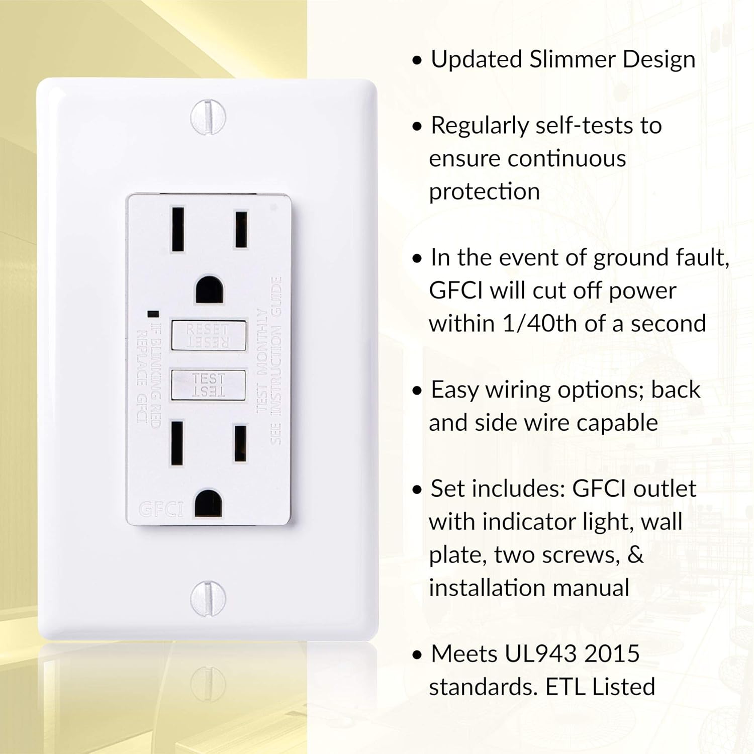 Faith 15A GFCI Outlet Slim, Non-Tamper-Resistant GFI Duplex Receptacle with LED Indicator, Self-Test Ground Fault Circuit Interrupter with Wall Plate, ETL Listed, White - - 