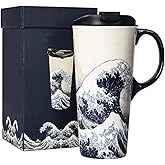 Topadorn Ceramic Coffee Mug with Lid and Handle Ceramic Travel Mug Porcelain Latte Teacup in Color Box 17 Oz, Splash Resistant Lid - To Go Tumbler for Car Cup Holder, Wave Art Mug