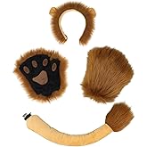 Dodheah Lion Ears Headband Set With Fingerless Furry Glove Paws, Tail - Animal Cosplay Halloween Fancy Dress Costume