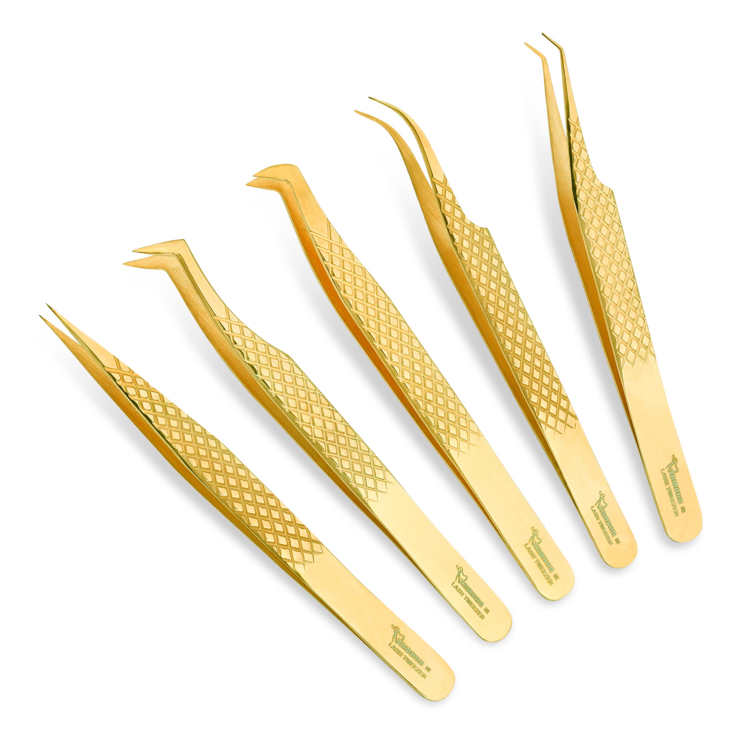 ZAMAHA UK Lash Eyelash Extension Tweezers Set of 5, Japanese Stainless Steel Tools Straight Curved 45 90 Degree Angled Tip, Volume Tweezers Precision (Gold Platted), ZUK-LASH-5P-GOLD