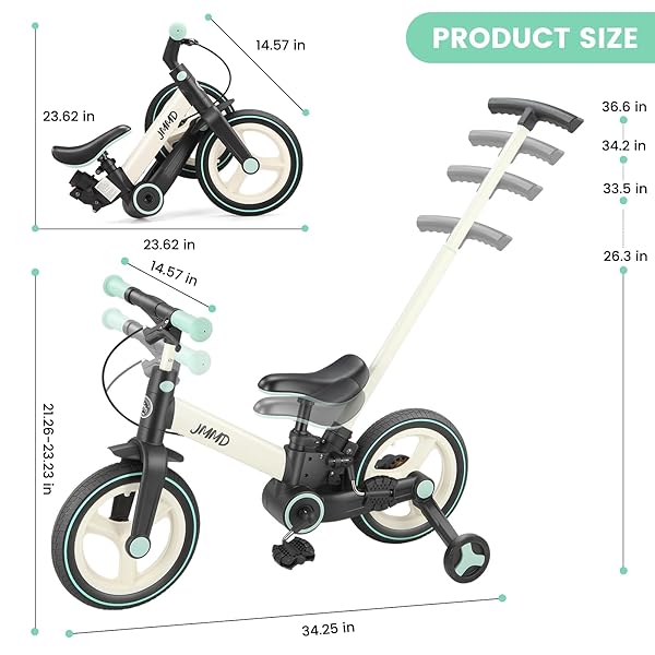 JMMD 6 IN 1 TODDLER BIKE WITH PUSH HANDLE FOR KIDS 18-60 MONTHS, 12″ FOLDABLE BALANCE BIKE WITH TRAINING WHEELS, PEDALS, BRAKES, KICKSTAND, PUSH TRICYCLE TODDLER GIFT & TOYS FOR BOY & GIRL