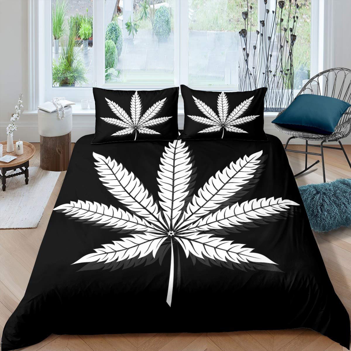 Marijuana Leaf Duvet Cover Cannabis Leaves Bedding Set Marijuana Weed Leaf Print Comforter Cover for Men Adults Bedroom Decor Black White Botanical Pattern Bedspread Cover King Size