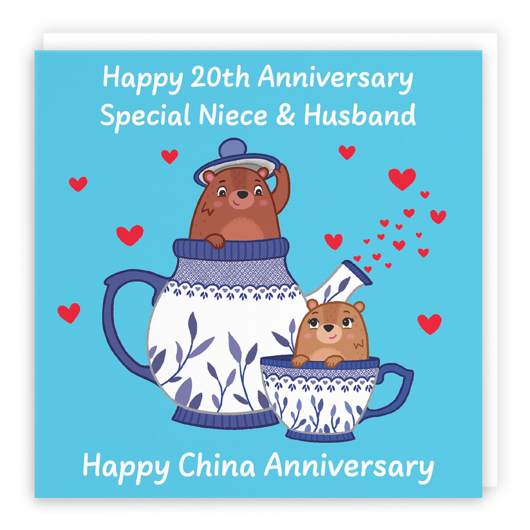 Hunts England - Niece And Husband 20th Anniversary Card - China Anniversary - 20 Years - Cute Fun Bears Card - Love Story Collection