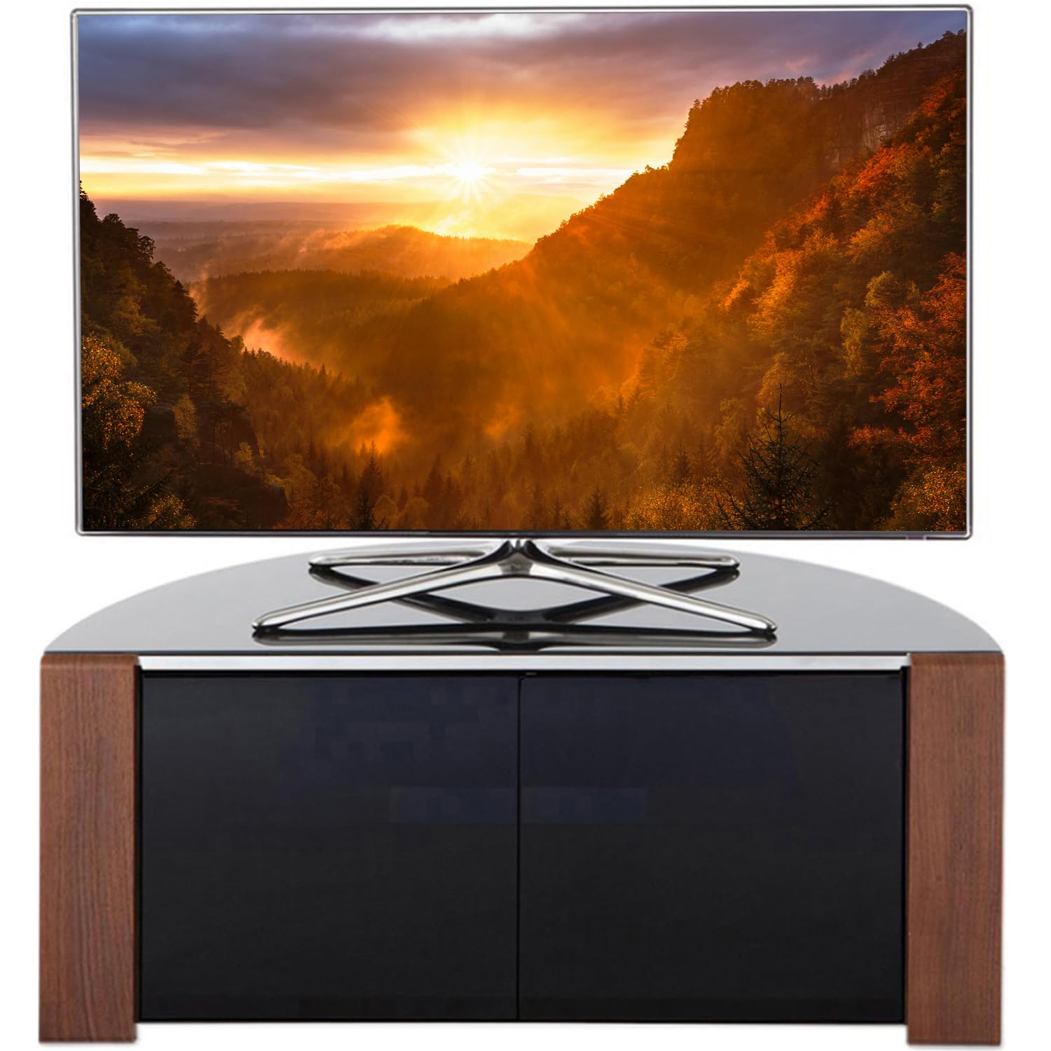 MDA Designs SIRIUS 850 Remote Friendly Beam Thru Glass Door Walnut/High Gloss Piano Black with Silver Trim up to 40" LCD/Plasma/LED Cabinet TV