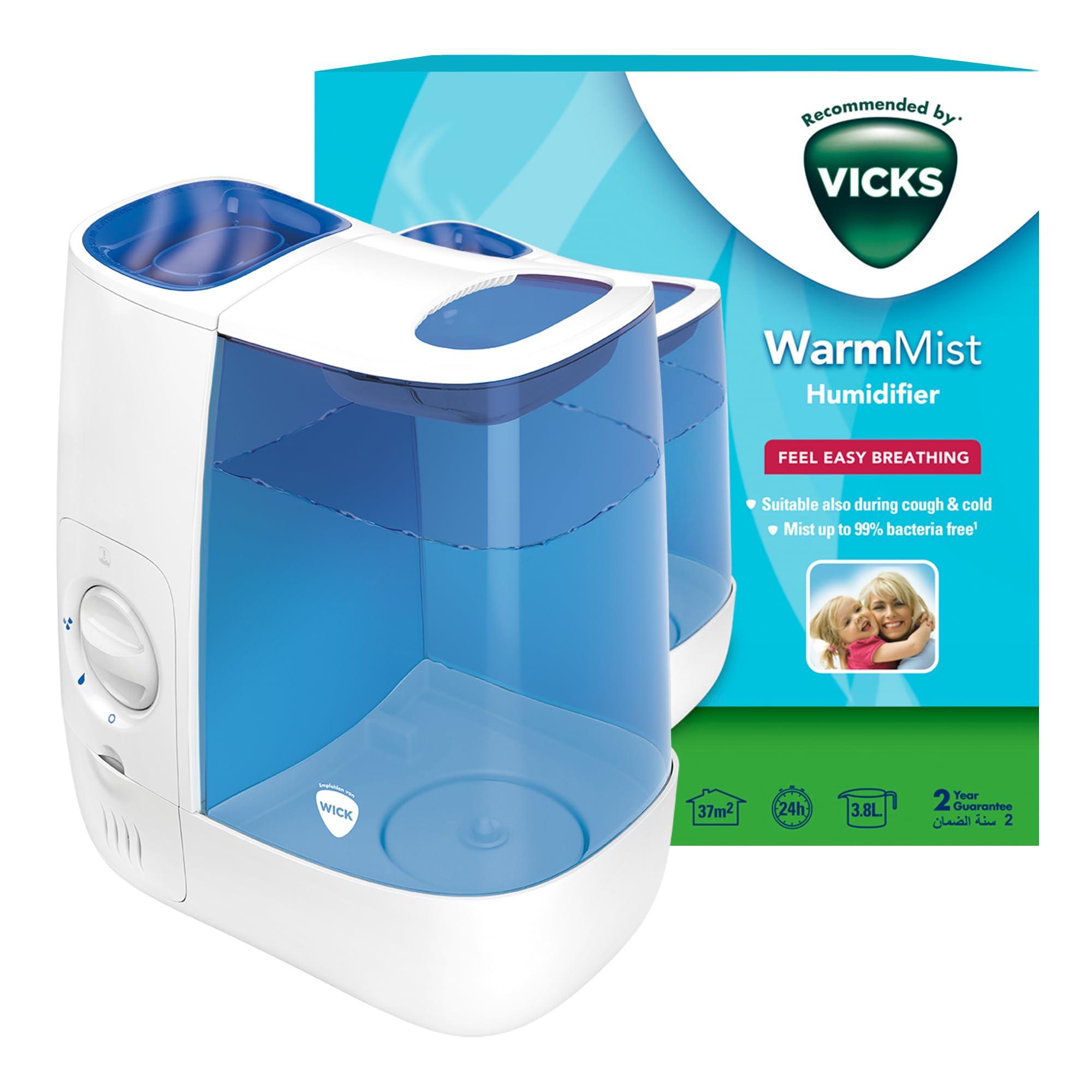 Vicks Warm Mist Humidifier - 3.8 litre tank - More comfortable sleep and easy breathing - Up to 99% Bacteria-Free mist - Rooms up to 37m2 - Bedroom suitable - Essential oil pad included - VH845