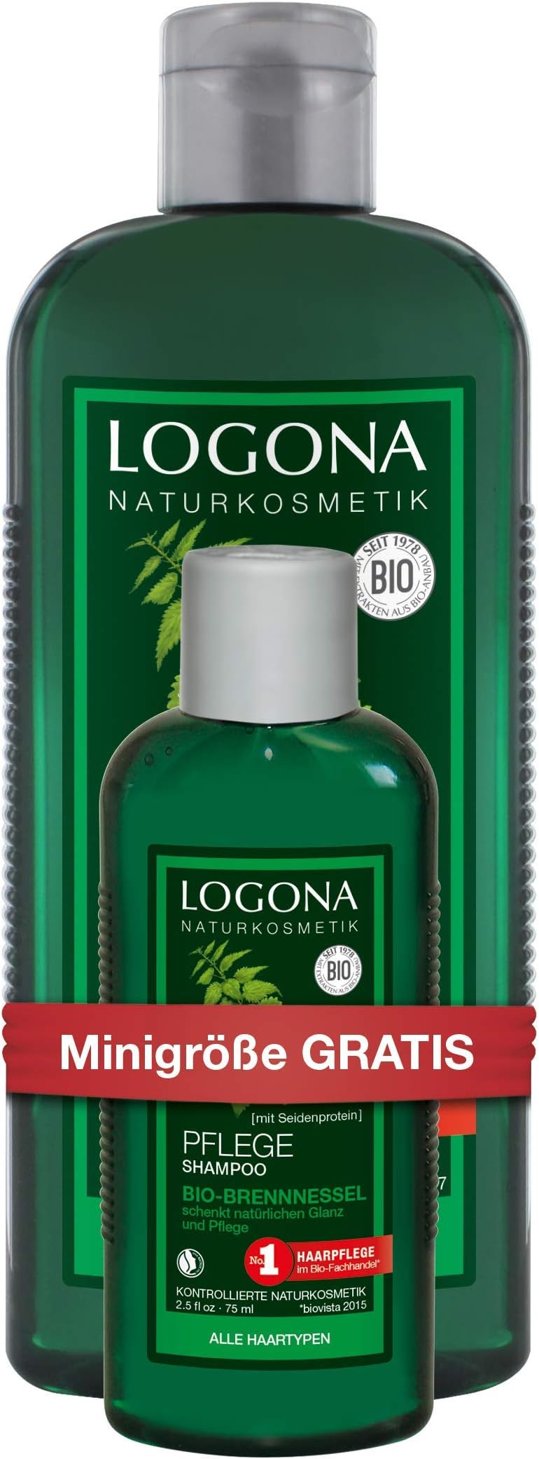 LOGONA Naturkosmetik Organic Stinging Nettle Care Shampoo Plus Travel Size Pack of 2 (250 ml and 75 ml)