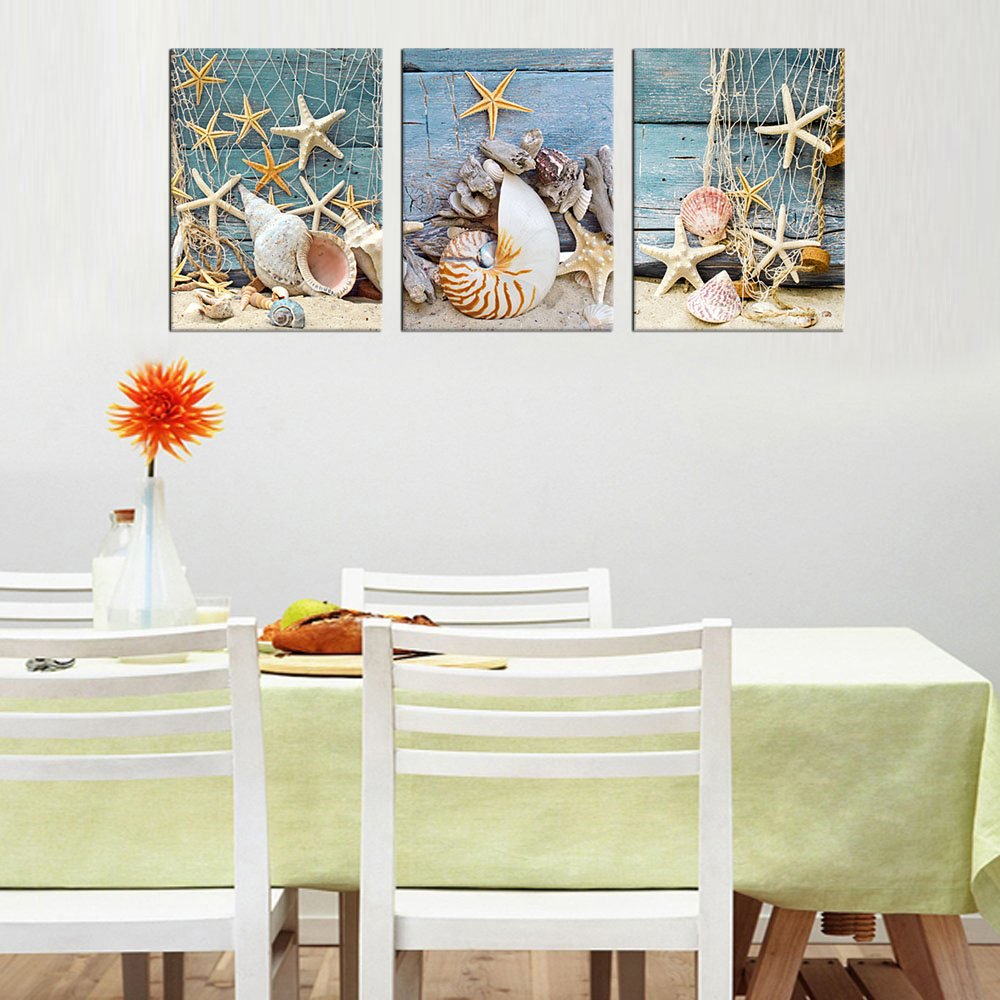 Canvas Wall Art Bathroom Wall Decor Starfish Shell Fishing Net Sands