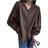 RoseSeek Women's V Neck Button Down Shirts Long Sleeve Drop Shoulder Blouses Tops Fall Outfits