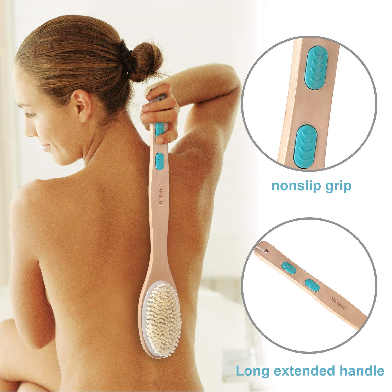 Shower Brush with Soft and Stiff Bristles, for Exfoliating Skin and A Soft Scrub, Double-sided Brush Head for Wet or Dry Brushing, Specially Long Wooden Handle Cleans the Body Easily : Beauty