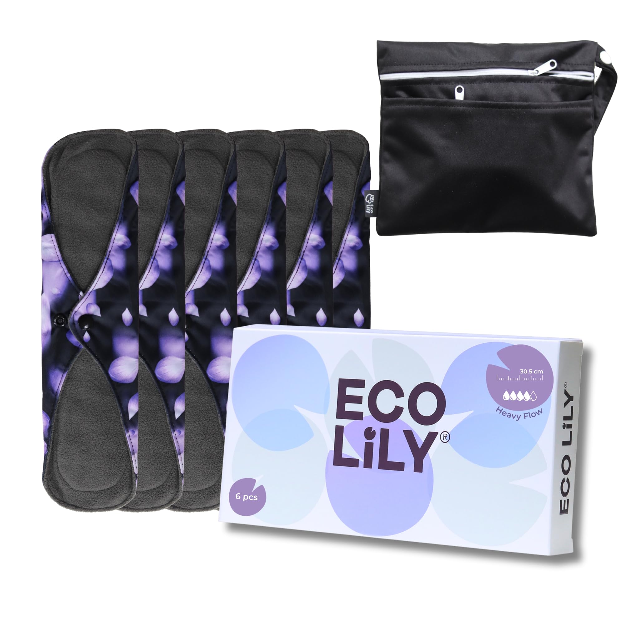 Eco Lily Reusable Sanitary Pads (6Pk for Heavy Flow) – Odour-Absorbing Charcoal Bamboo Pads for Women Sanitary Towels – Reusable Pads Menstrual with Waterproof Wet Bag