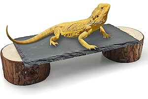 GXSDJ Bearded Dragon Basking Platform,8×4×1.6inch Reptile Heat Storage Slate Stone with Wooden Pile,Gecko Heating Rocks and Hide Cave,Reptile Basking Rocks for Lizards,Snakes,Chameleon,Turtle