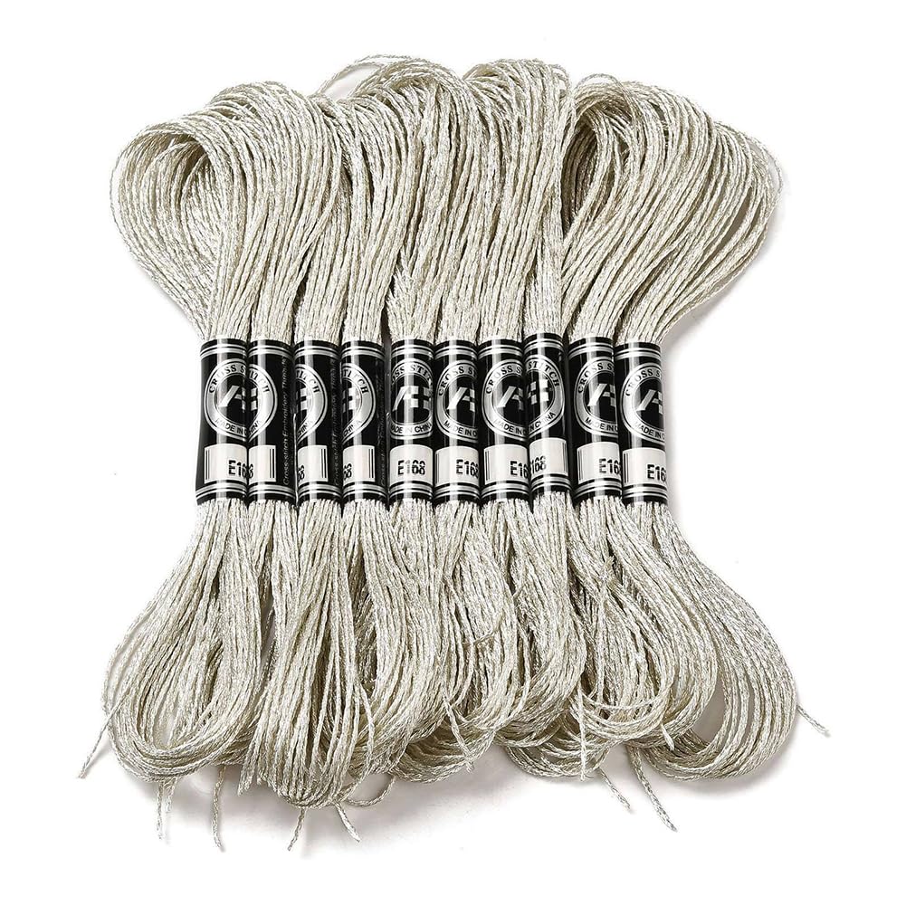 CABODYALS 10 Skeins 12 Strands 80M Beige Polyester Embroidery Floss Metallic Glitter Cross Stitch Thread Gold Silver Shimmer Crewel Floss for Hand Knitting Sewing Weaving Tassels Decorations