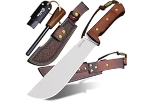 BA-KOR USA 8mmDC53 steel 35CM (14 ") full Tang fixed knife with leather sheath and (5.9 ") ceria ignition head, suitable for outdoor hunting, camping, clearing, adventure, fishing, EDC, BBQ (BA-K0a(8mm))