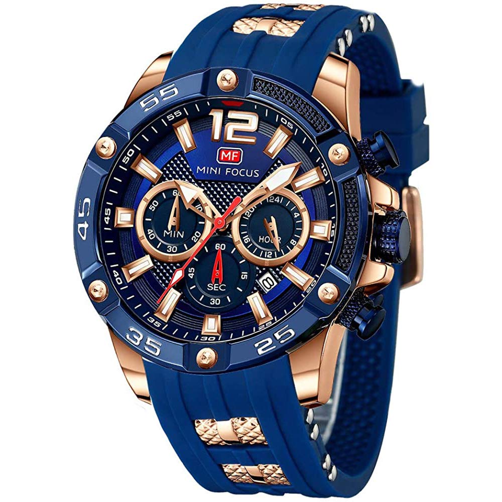 Mini Focus Men Watches Unique Casual Wrist Watches (Chronograph/Waterproof/Luminous/Calendar/24 Hours) Silicon Band Fashion Watches for Men, Blue-Golden, Chronograph