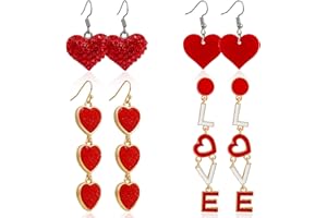 CAIYAO 4Pairs Love Heart Shiny Crystal Beads Drop Dangle Earrings for Women Mom Girlfriend Girl Rhinestone Interlocking Red Peach heart Letter Pendant Earrings Valentine's Day Jewelry Gift