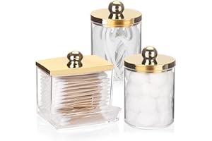 Tbestmax 10oz Cotton Ball Holder 7oz Qtips Dispenser, Bathroom Container Organizer for Storage Cotton Swabs, Pads - Apothecary Jar with Gold Lids