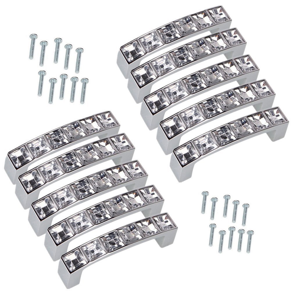 Lsgoodcare Silver 64MM/2.52 Inch Europe Simple U Shape Style Crystal Glass Furniture Door Drawer Pull Handle Cabinet Pull Handle Kitchen Knobs-10Pack