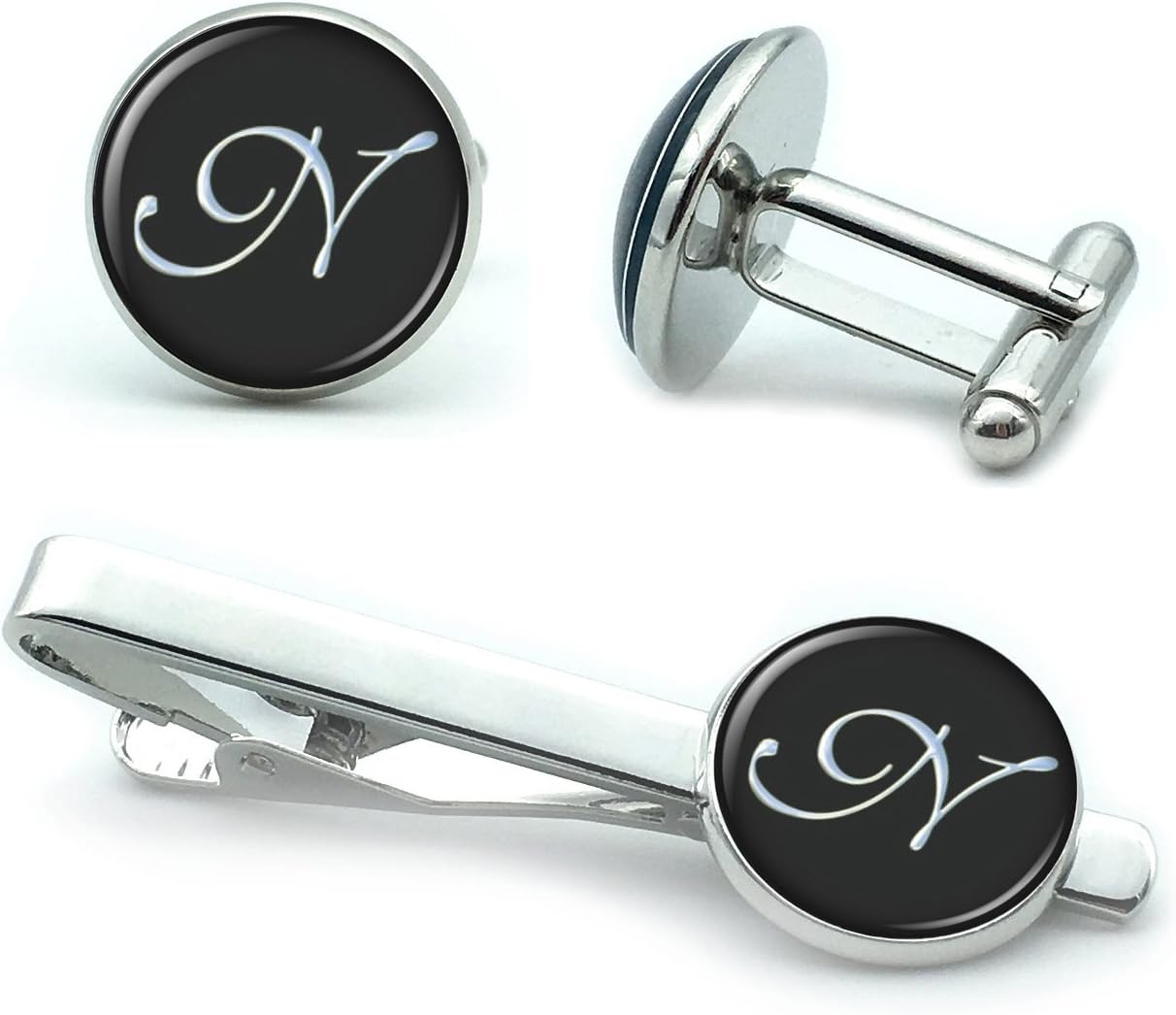 B Seve Mens' Personalized Initial Set of Cufflinks and Tie Clip Silver Suit Letter Cuff Link with Giftbox A-Z